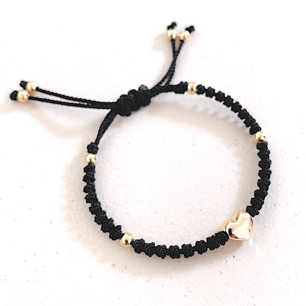 Stainless Steel Golden Puffed Heart Ajustable Macrame Bracelet Black